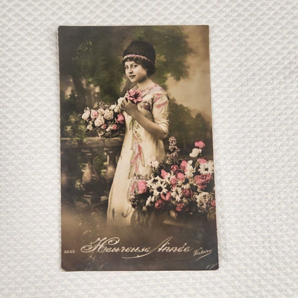 Antique RPPC Postcard Victorian Hand Colorized Woman Flowers French